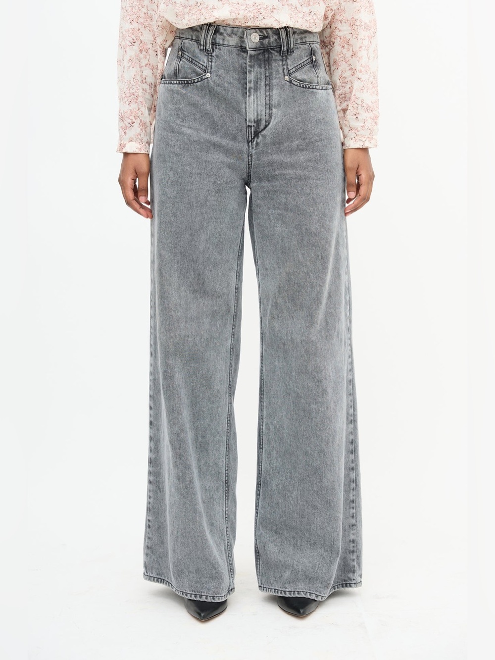 $590 Isabel Marant Lemony High-Rise Wide-Leg Jeans Gray Acid Wash Women’s FR 34